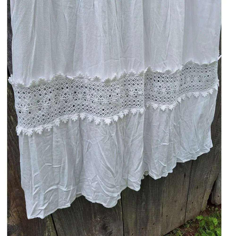 Zesica Boho tiered maxi skirt crochet w pockets long white beachy cottagecore